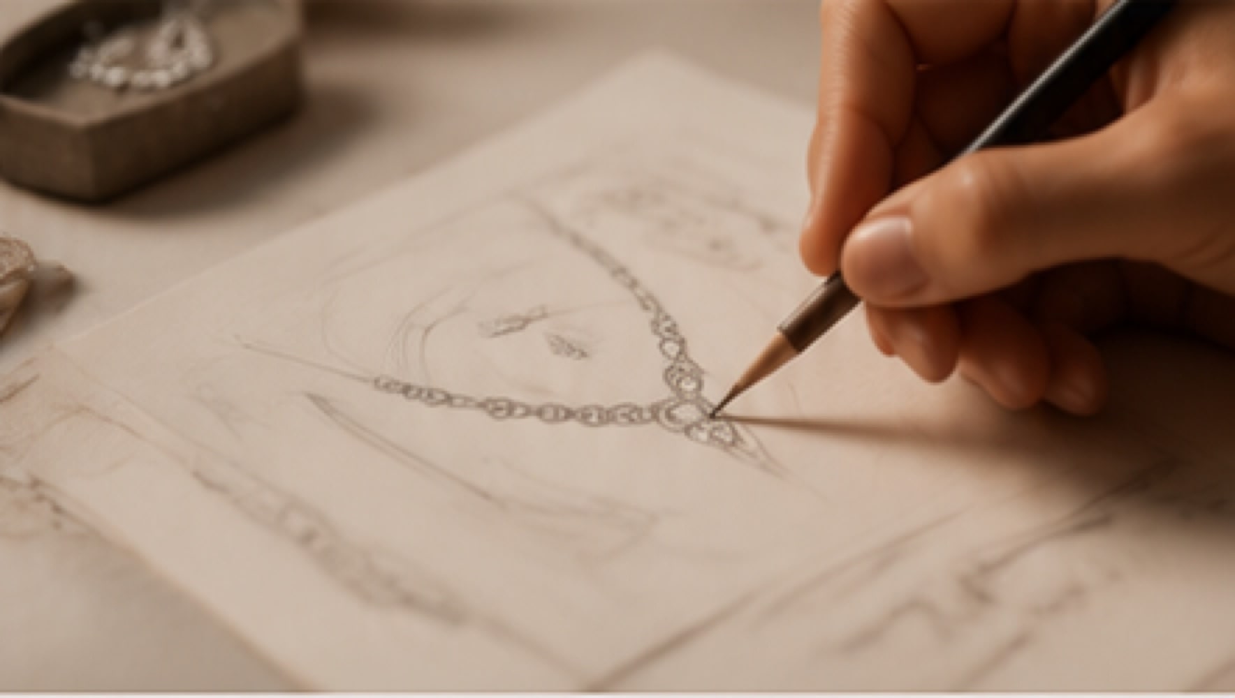 Hand sketching a necklace design in the KANZ atelier
